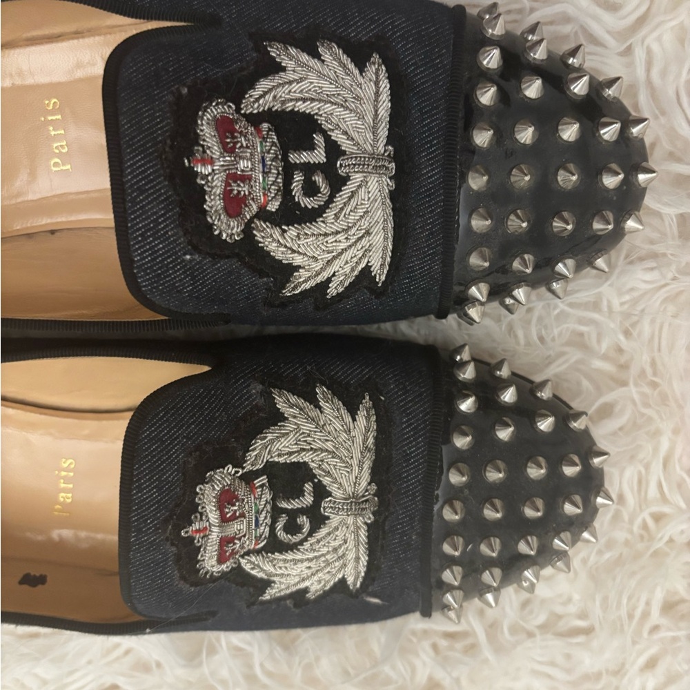 Christian Louboutin Black Embroidered Flats with Silver Spikes - Picture 3 of 6